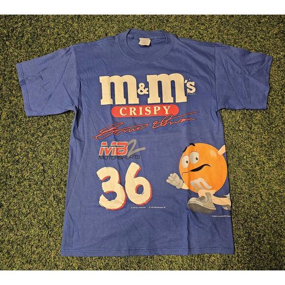 Vintage 90s NASCAR Racing Ernie Irvan M&M All Over Print T Shirt Blue Candy L - Picture 1 of 5